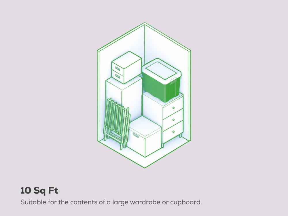 10 sq ft self-storage unit illustration showing stacked boxes, a storage chest, drawers, folding chairs and storage container, suitable for the contents of a large wardrobe or cupboard.