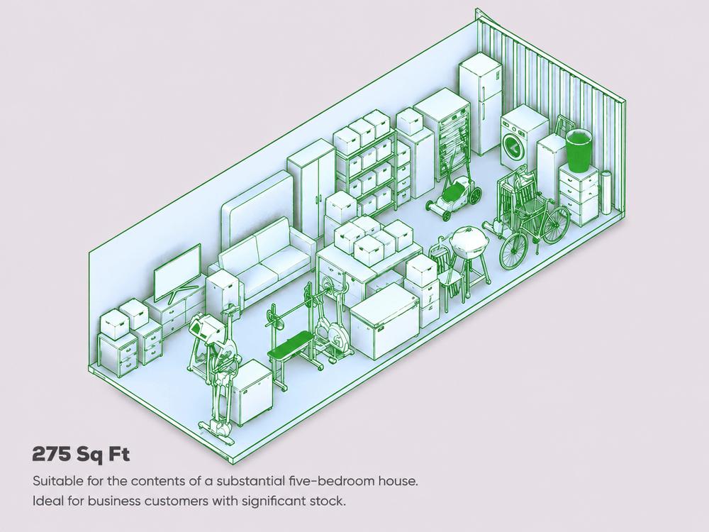 275 sq ft self-storage unit illustration showing furniture, appliances, gym equipment, shelving, stock boxes, bicycles and household items, suitable for the contents of a substantial five-bedroom house or significant business stock.