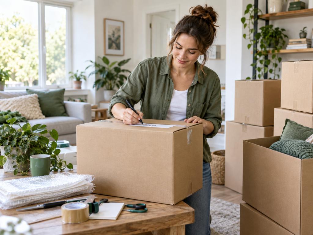 Woman packing and labelling cardboard boxes before moving items into self storage